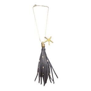Silver/Gold/Leather combine in this stylish snake chain w/leather tassel. JB1